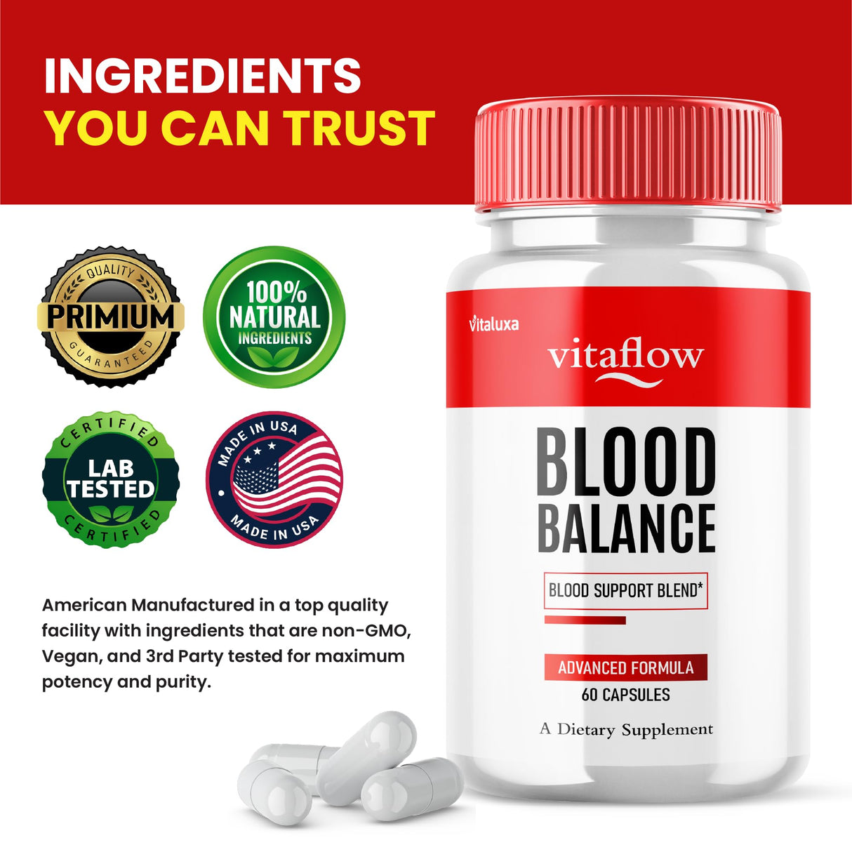Vitaflow Blood Balance Support Supplement, Vita Flow Capsules Premium Glycogen Blend for Joints, Vital Flow Glyco Pills Maximum Strength Pressure Breathing, Vitalflow Natural Advanced Formula (60 Ct)