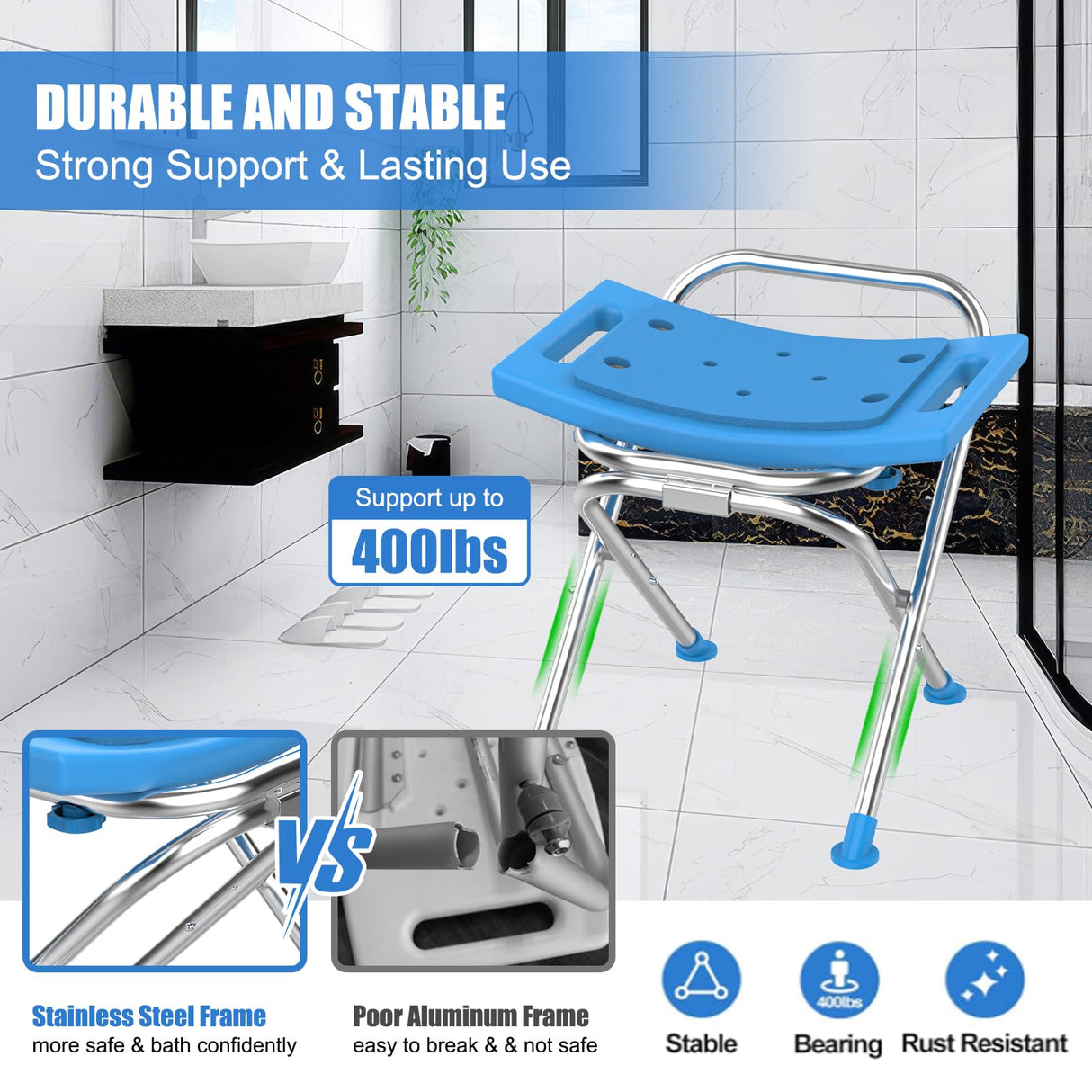 UGarden Folding Shower Chair Seat, 17.5" Stainless Steel Small Shower Chair for Inside Shower, 400lbs Portable Travel Shower Stool, Safety Anti-Slip Bath Chair for Seniors, Disabled, Blue