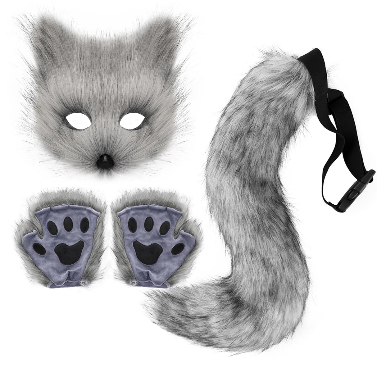 Adolala Faux Fur Fox Tail Cat Wolf Set Plush Mask Fluffy Paw Gloves Halloween Christmas Party for Women