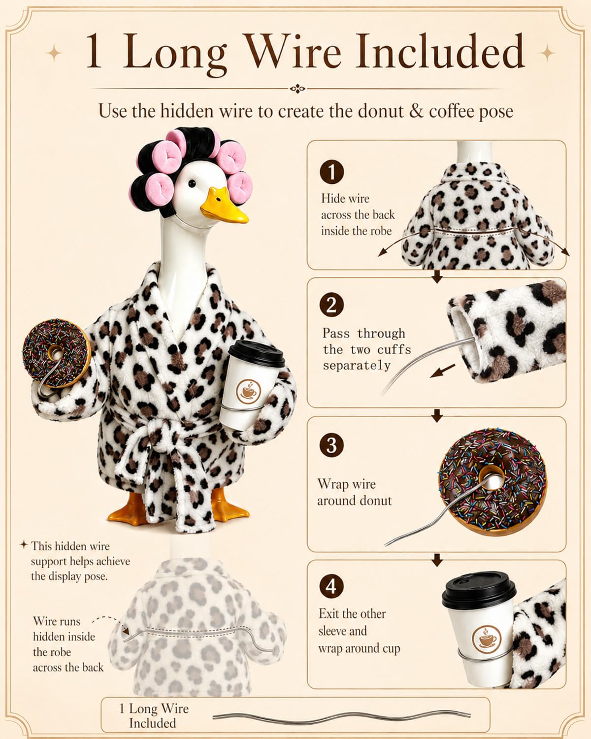 GSPIM Leopard Print Robe Porch Goose Outfits for 23" Goose Statue Funny Retro Home Patio Decor with Hair Curlers Bath Robe Waist Belt Coffee Cup Donut (Leopard Print Bathrobe)