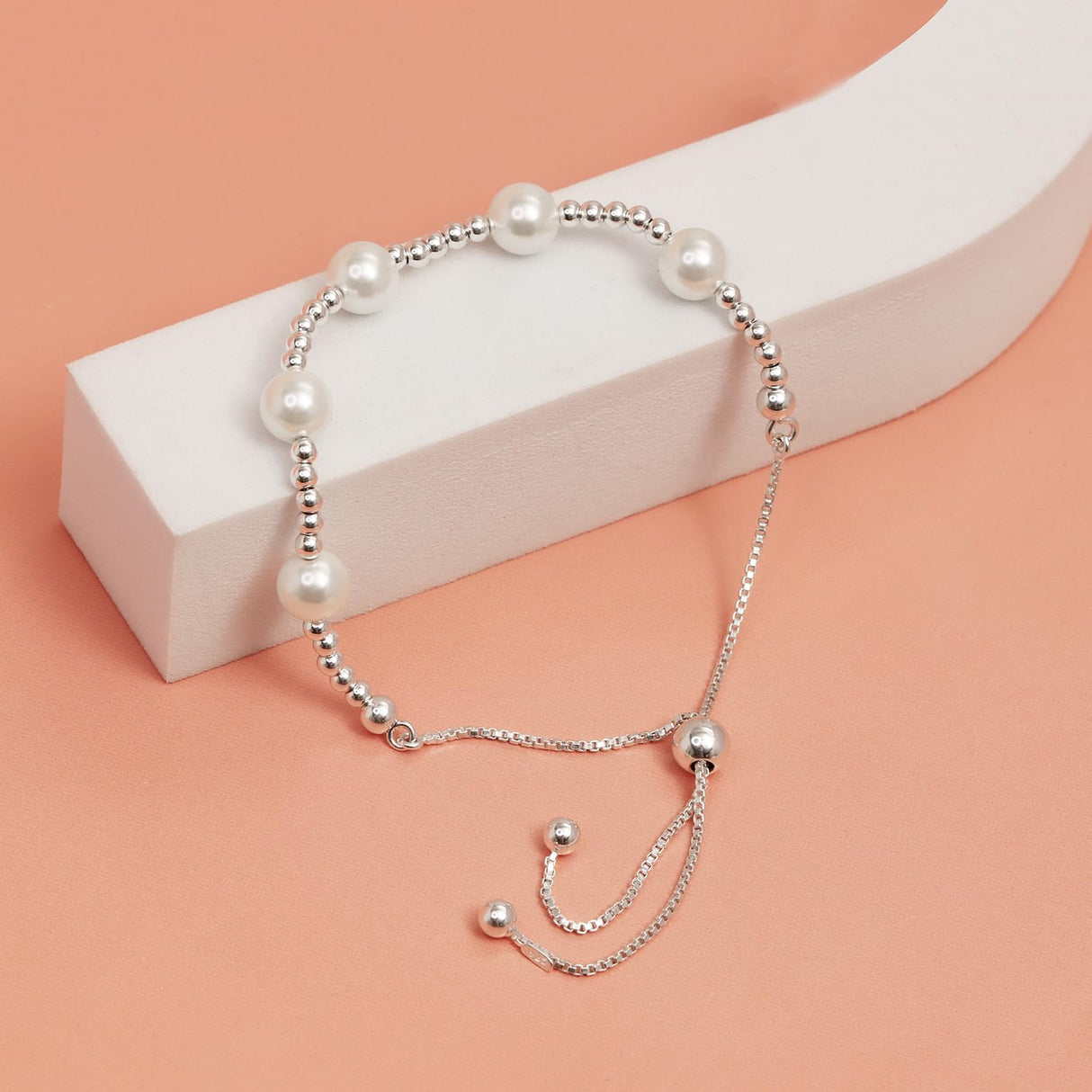 LeCalla 925 Sterling Silver Pearl Bracelets for Women | Adjustable Slider Simulated Pearl Beaded Bolo Bracelet Jewelry Gifts for Mom Wife
