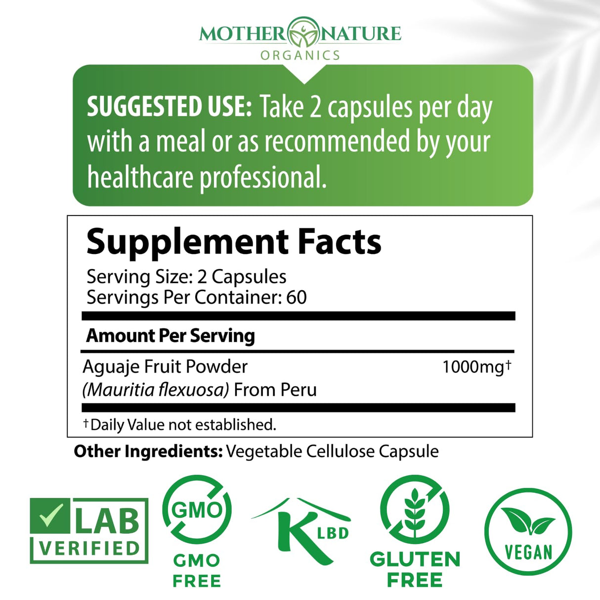 Mother Nature Aguaje Curves Capsules for Women, 1000mg (120ct), Natural & Sustainably Sourced Aguaje Fruit from Peru for Female Health, Hormone Balance, Curve Enhancer, Vegan, Non-GMO & Gluten-Free