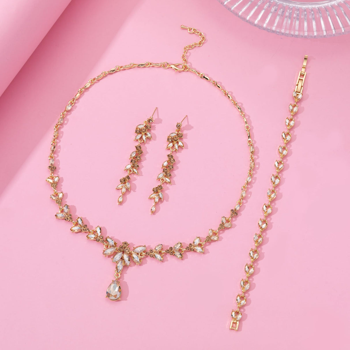 Paxuan Wedding Jewelry Sets for Bride Bridesmaid Bridal Jewelry Set for Women Wedding Crystal Necklace Earrings Bracelet Set for Party Prom Jewelry (Champagne - 14K Gold)