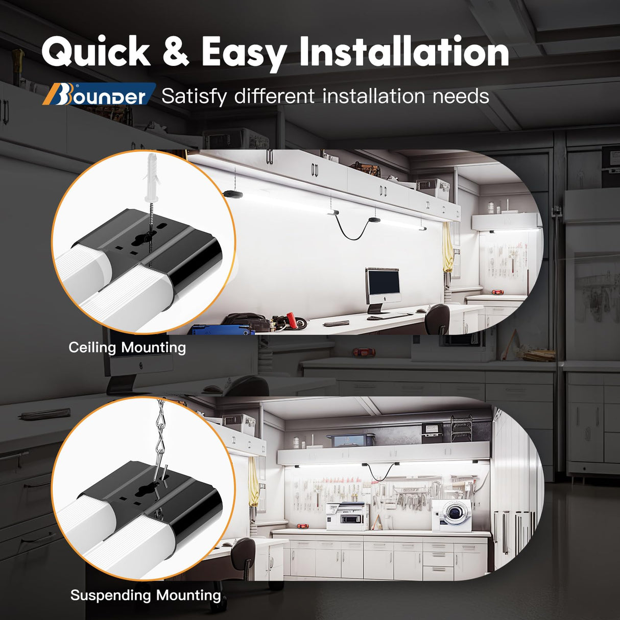 BBOUNDER 4 Pack Linkable LED Utility Shop Light, 4400 LM, Super Bright 6500K Cool Daylight, 4 FT Integrated Fixture for Garage, 40W Equivalent 250W, Surface + Suspension Mount, Black