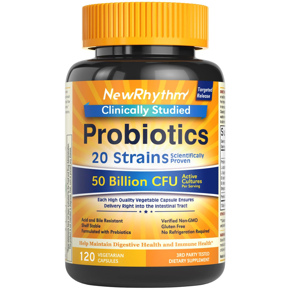 NewRhythm Probiotics 50 Billion CFU 20 Strains, 120 Veggie Capsules, Targeted Release Technology, Stomach Acid Resistant, No Need for Refrigeration, Pack of 1, Non-GMO, Gluten Free