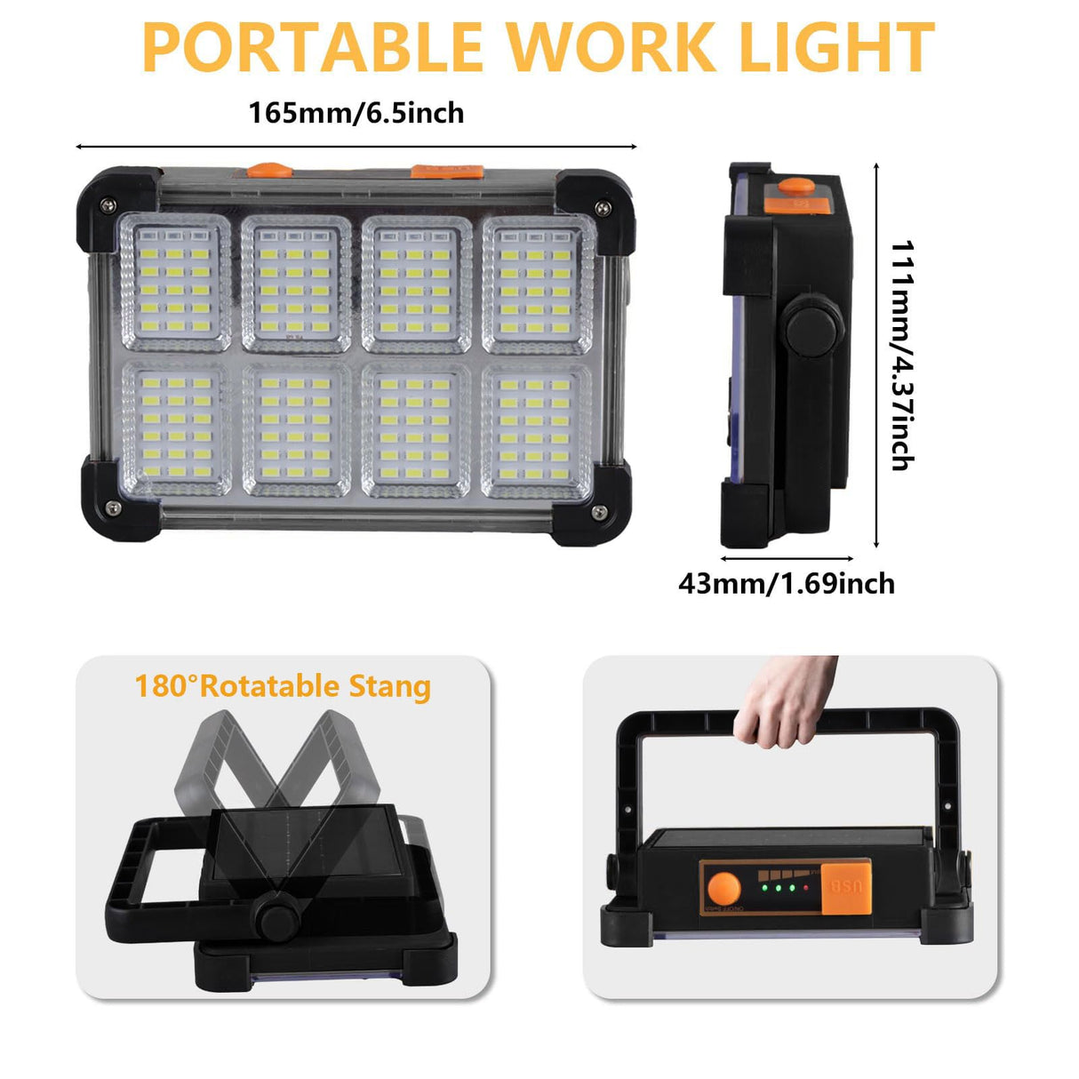 120W Solar Rechargeable Work Light, 144 LED Portable Flood Light with Stand, IP66 Waterproof 4 Modes LED Job Site Lighting Flashlights for Mechanic Camping Fishing Car Repair(Black 1 Pack)