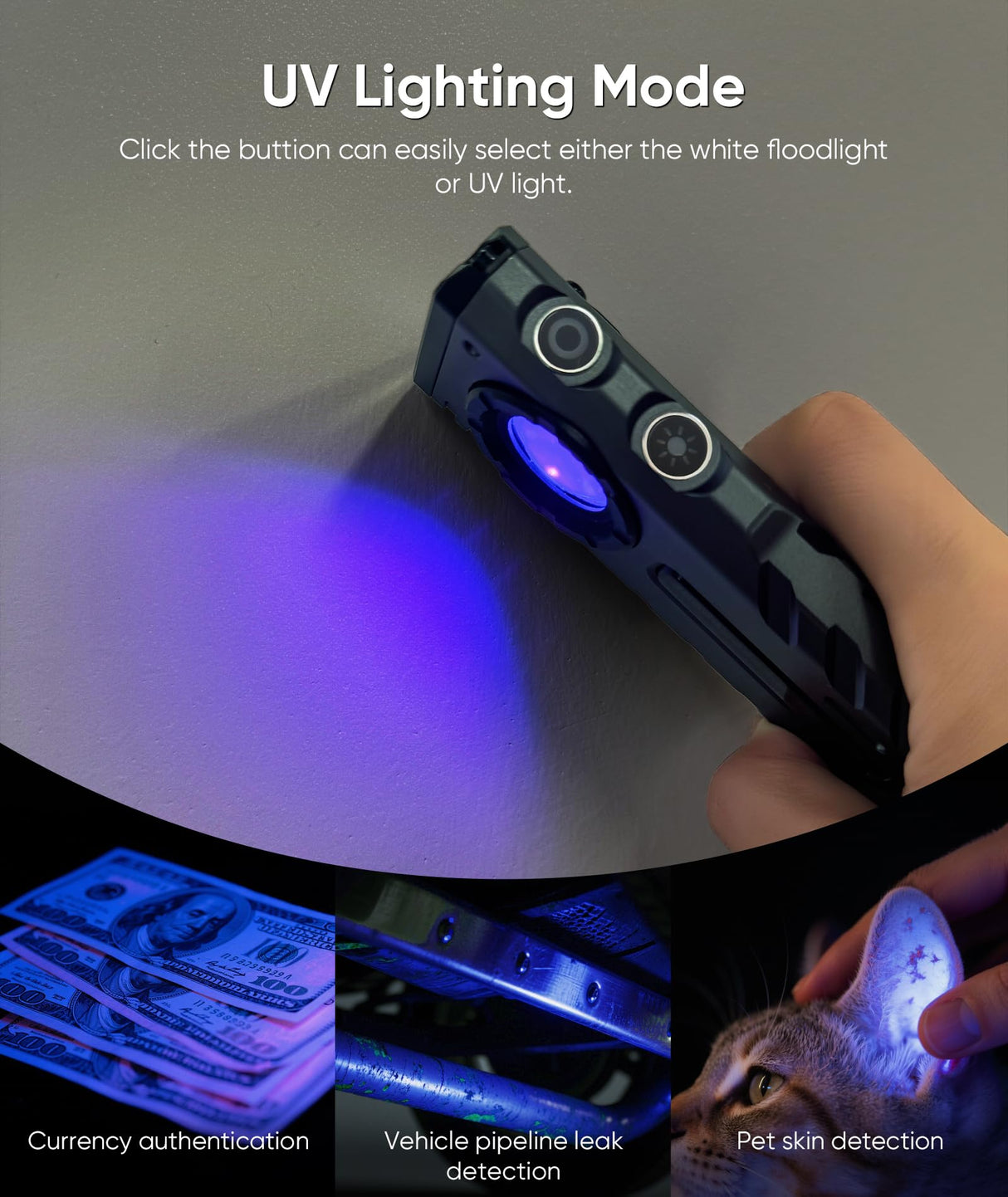 HOTLIGH ZF8313 Rechargeable Flashlight, Magnetic EDC Flashlight Rechargeable, 2000 Lumens LED Flashlight with RGB and UV Lighting Source for Outdoor, Car Repairing