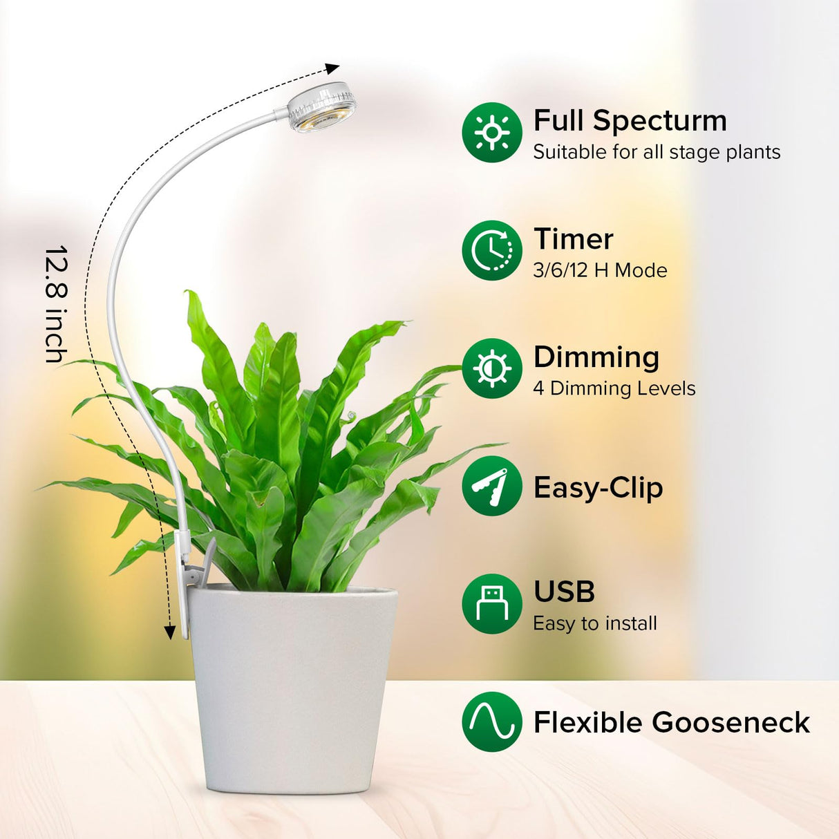 SGLEDs 2 Pack Small Grow Lights for Indoor Plants, 10W Total 5W Each Clip-On Plant Lights for Small Pots, 4000K Full Spectrum, Auto On/Off 3/6/12H Timer, 4 Dimmable Levels