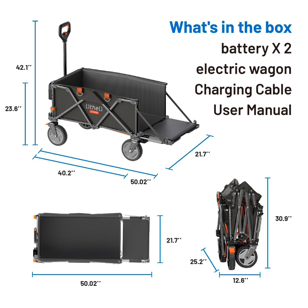 Litheli Electric Wagon Cart with 2 Battery, All-Terrain Wheels & Variable Speed | 200L Capacity, 300 lbs Heavy-Duty Utility Wagon for Camping Beach Garden Shopping
