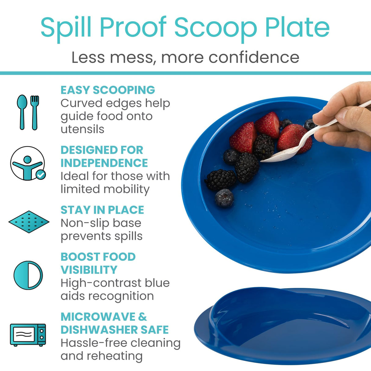 Vive Spill-Proof Scoop Plate, 9" (2 Pack) - Dish with Wall for Disabled, Handicapped, Elderly Adults with Special Needs from Parkinsons, Dementia, Stroke, Tremors with - Non Skid Padded Bottom