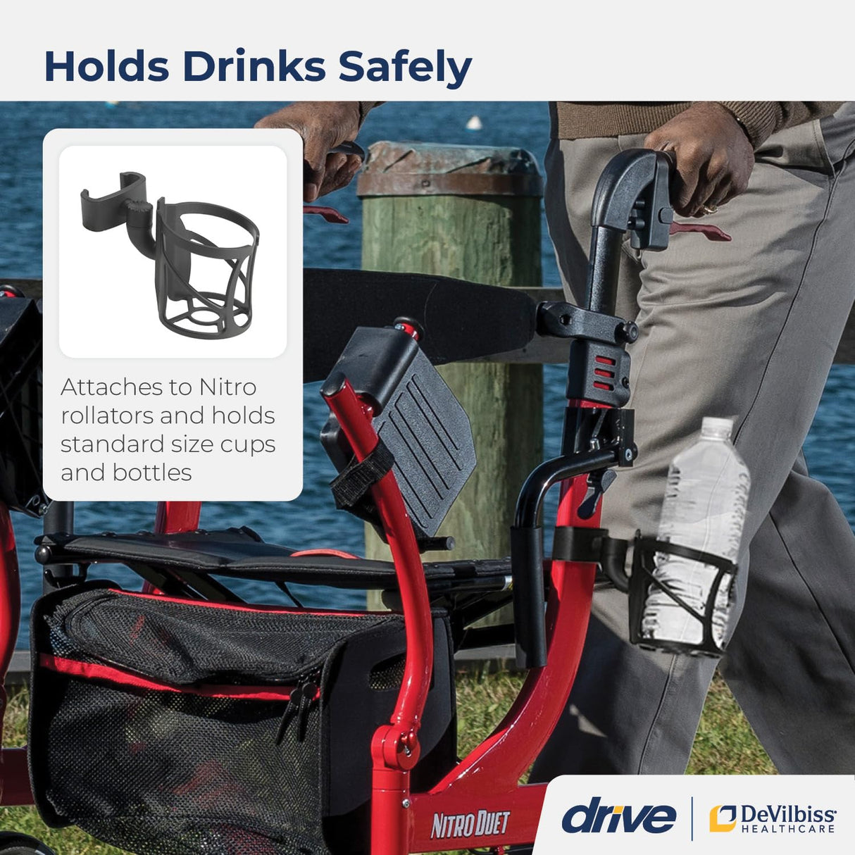 Drive Medical Nitro Clip-On Cup Holder for Walker Rollator, 6 x 4 x 3.5 Inch, Black