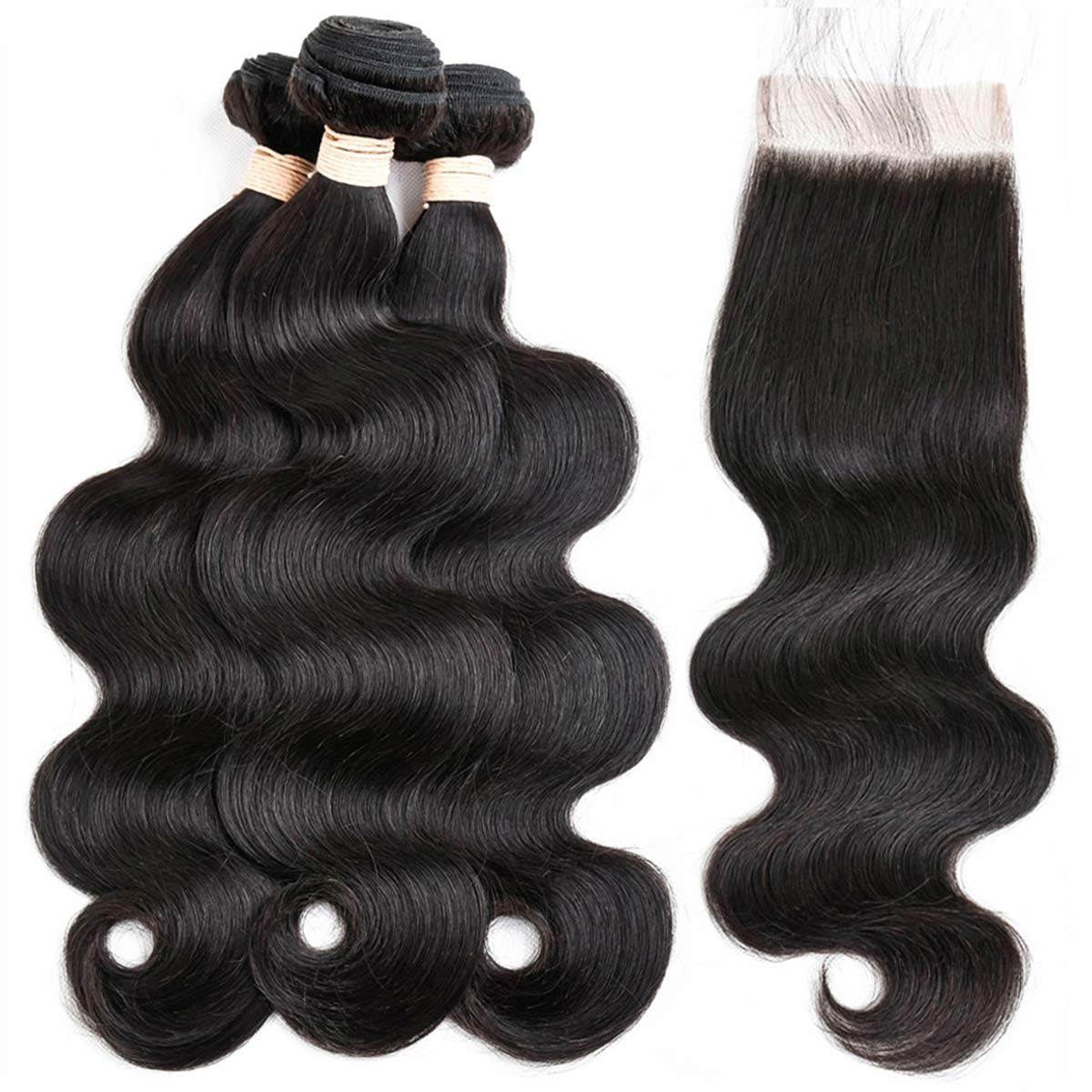 Beauhair Brazilian Body Wave Virgin Human Hair Bundles with Lace Closure(14 16 18 with14 Closure) Human Hair Unprocessed Body Wave Hair Bundles with Closure 4X4 Lace Free Part Natural Black Hair