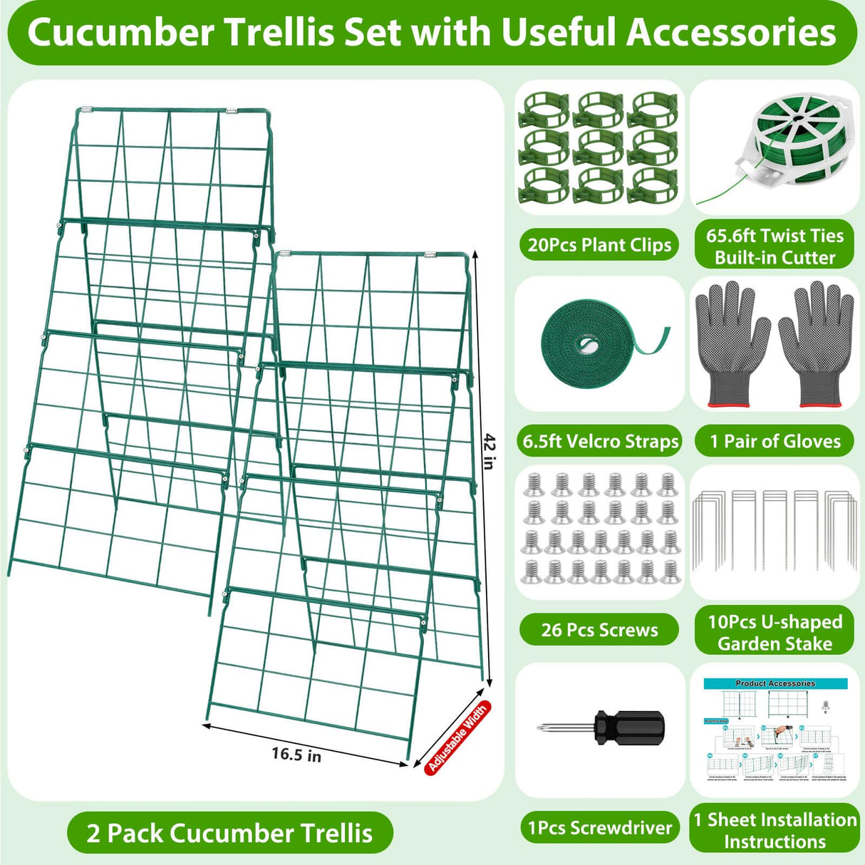 ROADPLUM 2 Pack Cucumber Trellis for Raised Garden Bed, Outdoor Sturdy Metal A-Frame Cucumber Trellis Support for Climbing Plants Vegetables with Accessories, Easy Installation & Easy Harvesting