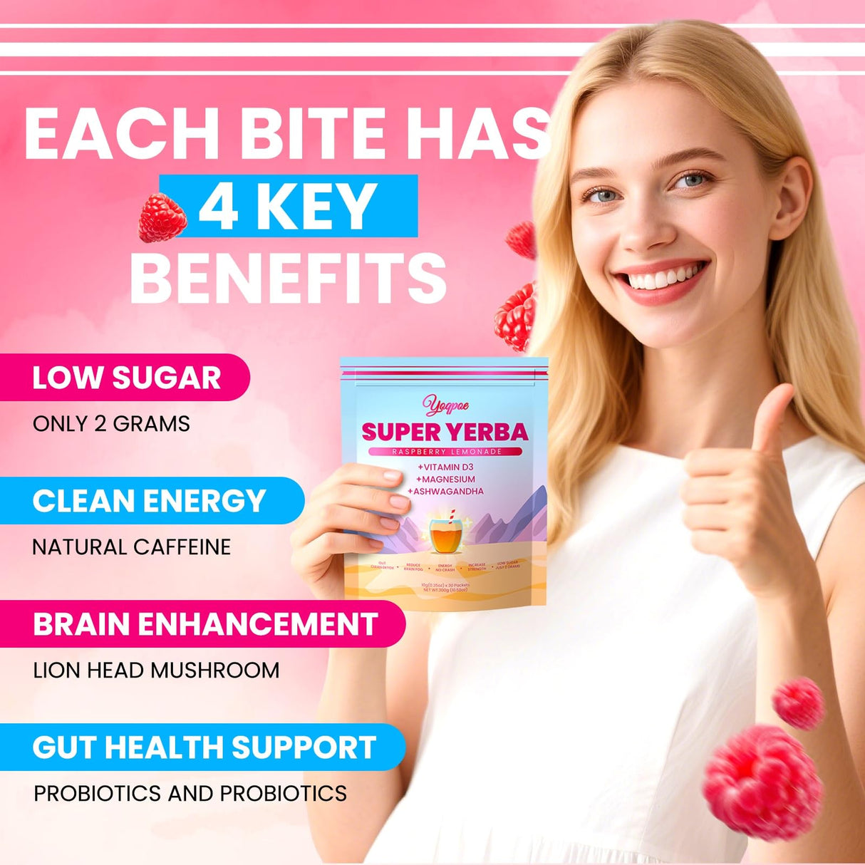 30 Servings Super Yerba Packets,Yerba Mate Instant Tea Powder,Super Yerba Raspberry Lemonade Flavor,Energy Boost,Mental Clarity and Gut Health by Ashwagandha, Prebiotics and Probiotics (1)