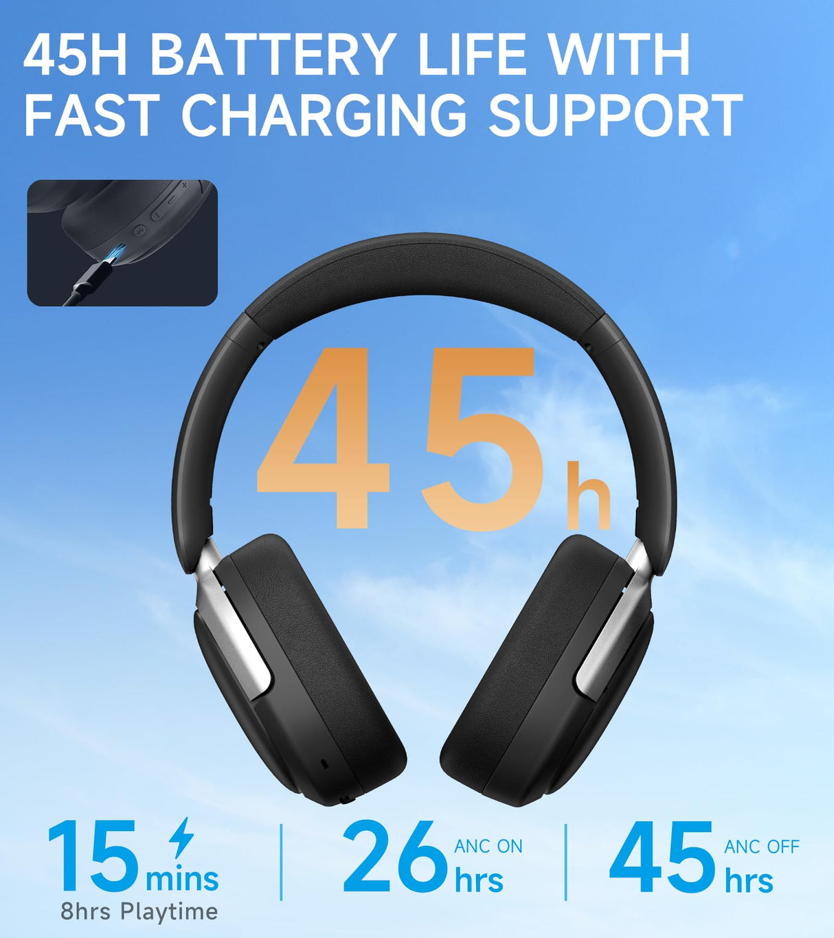 Atom Max - Hybrid Active Noise Cancelling Headphones, Hi-Res Audio, Wireless Over-Ear, Lightweight and Foldable, Comfortable earpads, 45H Playtime and Speed Charge, Customize via an App, Black