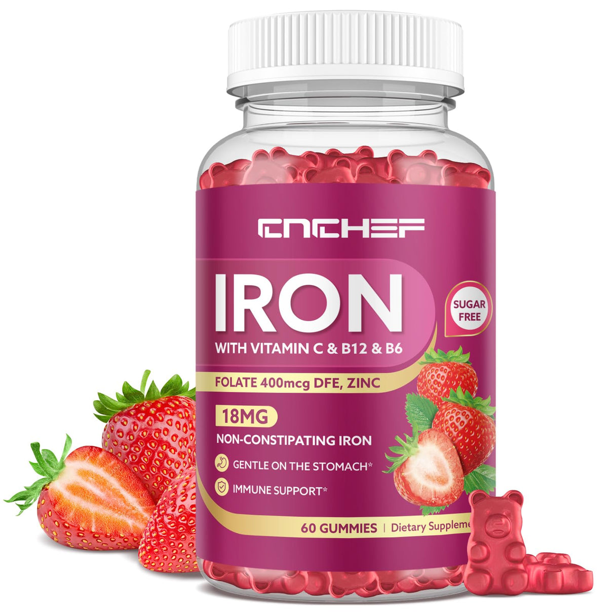 Iron Supplement for Women & Men Gummies, Multivitamin Blood Builder Iron Supplement with Folate Vitamin C B12 B6 Zinc for Adults & Kids - Energy Support - Strawberry Flavor, Vegan 60 Gummies