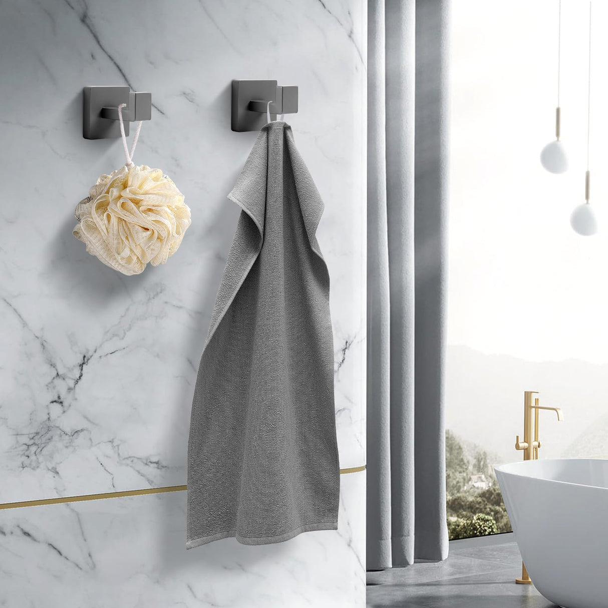Fenas Heavy Duty Stainless Steel Towel Hooks, Wall Mounted Square Robe Hooks for Bathroom, Kitchen, Bedroom, Hotel 2 Pack Grey