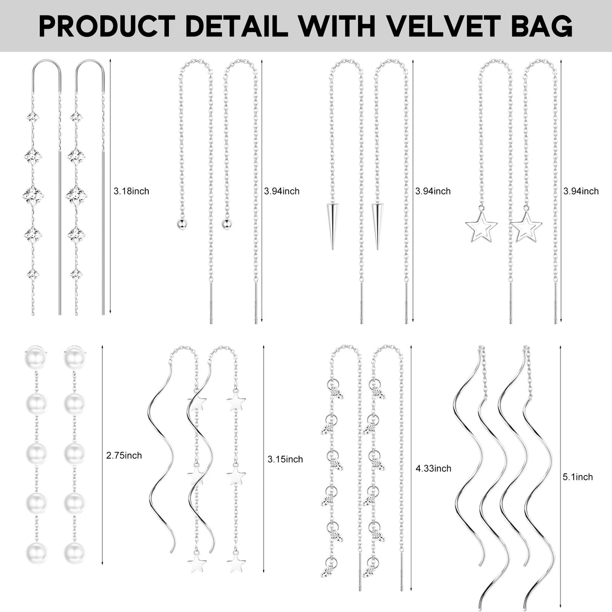 HAIAISO 8 Pairs Threader Dangle Earrings for Women 316L Stainless Steel Chain Tassel Earrings Lightweight Double Twist Wave Threader Drop Earrings Long Chain Earrings Set