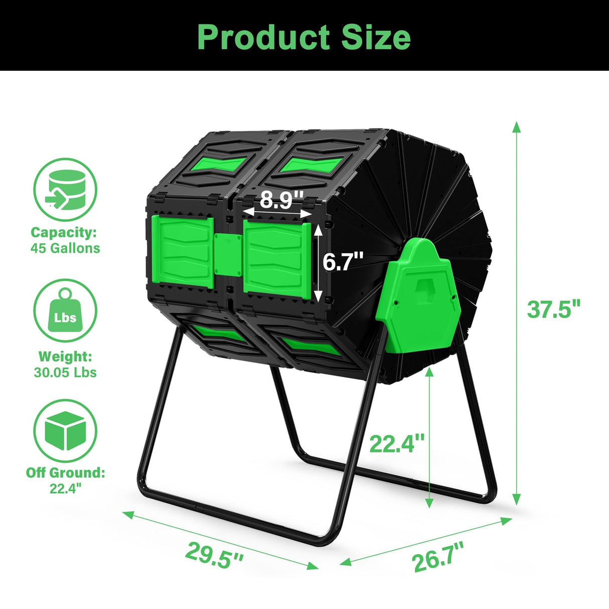 Compost Tumbler, Easy Assemble & Efficient Outdoor Compost Bin, 45 Gallon/170 Liter Large Dual Chamber Rotating Composter for Garden, Kitchen, and Yard Waste, Green Door
