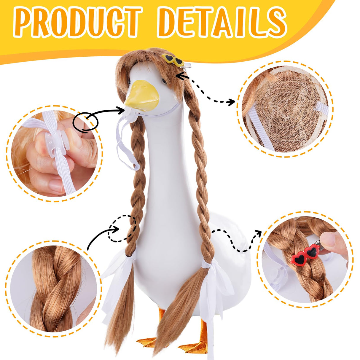 TAKEALOOKO 3 Pcs Porch Goose Wigs with Hair Clips - Cute Goose Outfits Braid Wig Accessories Garden Geese Statue for Funny Lawn Outdoor Patio Yard Goosey Decoration