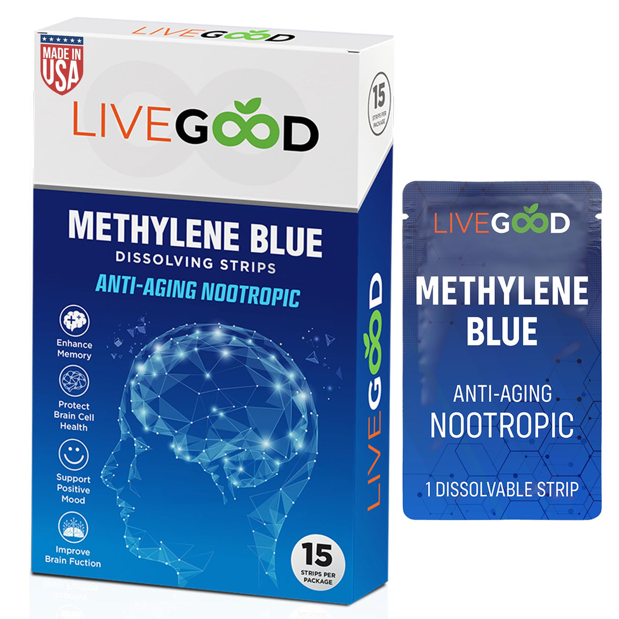LIVEGOOD Methylene Blue, Methylene Blue for Humans, Brain Supplements for Memory and Focus, Clarity & Cognitive Energy, Nootropic Brain Support, Made in USA, 15 Oral Strips with 20mg Each