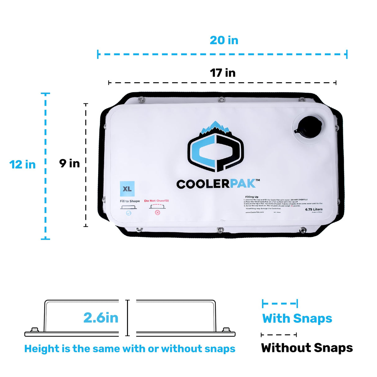 CoolerPak 15lb Refillable Reusable Ice Pack - Stainless Snaps - Cold for Days - Non-Toxic, Leakproof, Suitable for Potable Drinking Water & Cold Plunge - Built Tough, Roll Up for Easy Storage