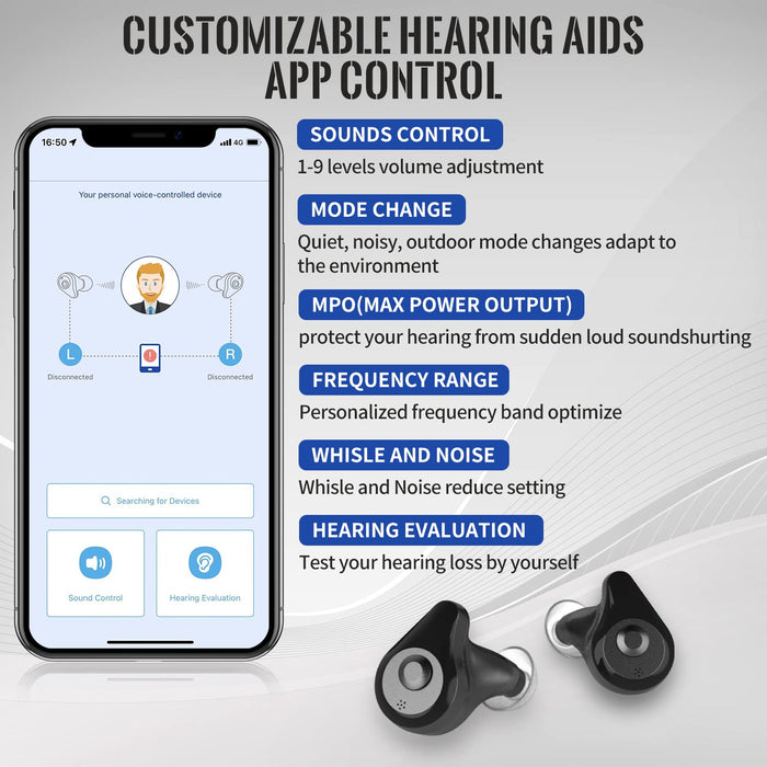 Bluetooth Hearing Aids for Seniors Rechargeable with Noise Cancelling APP Control Wireless Music Stream Hand-free Phone Call,Mode Change, Noise Reduction (charcoal black)