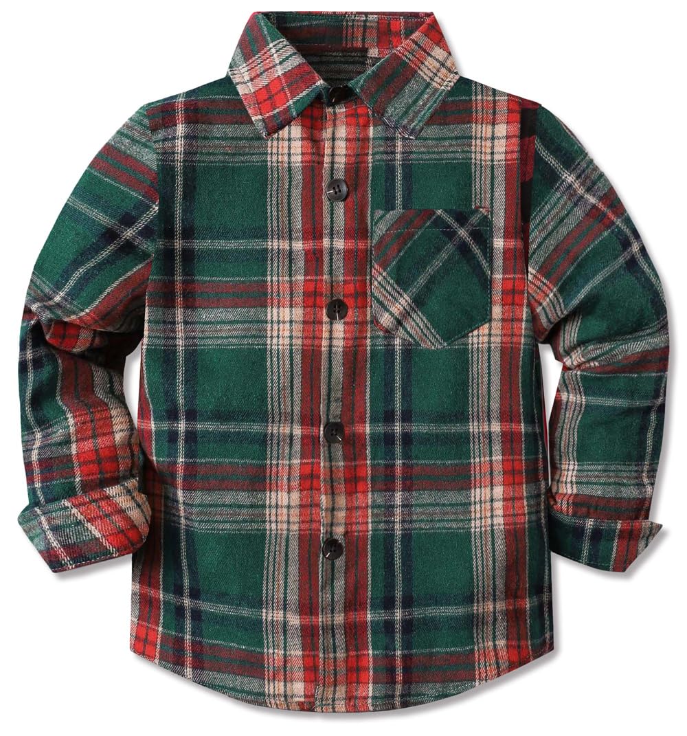 Cromoncent Kids Long Sleeve Button Down Flannel Cotton Plaid Shirt Tops for Boys,Christmas Green,5-6 Years = Tag 130