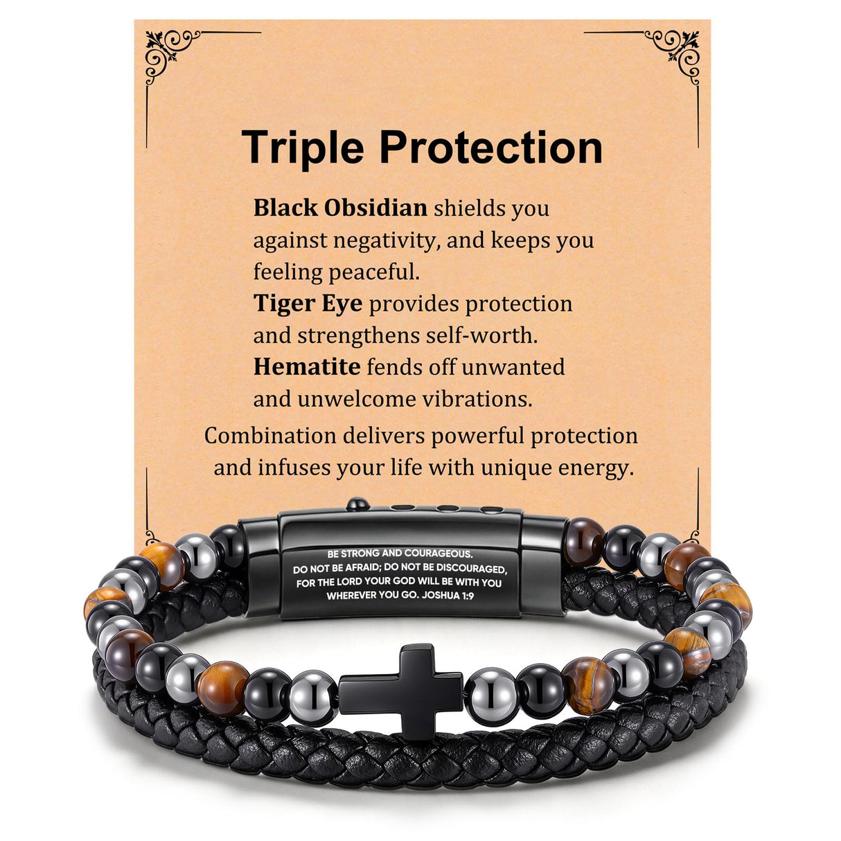 VNOX Hematite Obsidian Tiger Eye Bead Leather Men Bracelet,JOSHUA 1 9