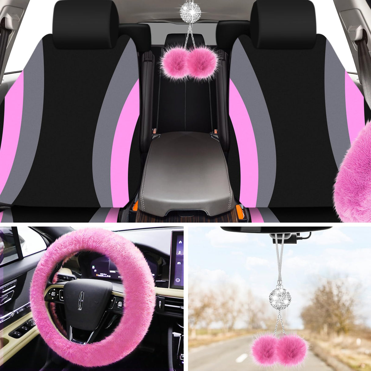 ROCEEI 43 Pcs Car Seat Cover Full Set Fuzzy Car Accessories for Women Christmas Front Rear Cover Fluffy Steering Wheel Cover Belt Handbrake Shift Cover(Pink, Gray, Black)