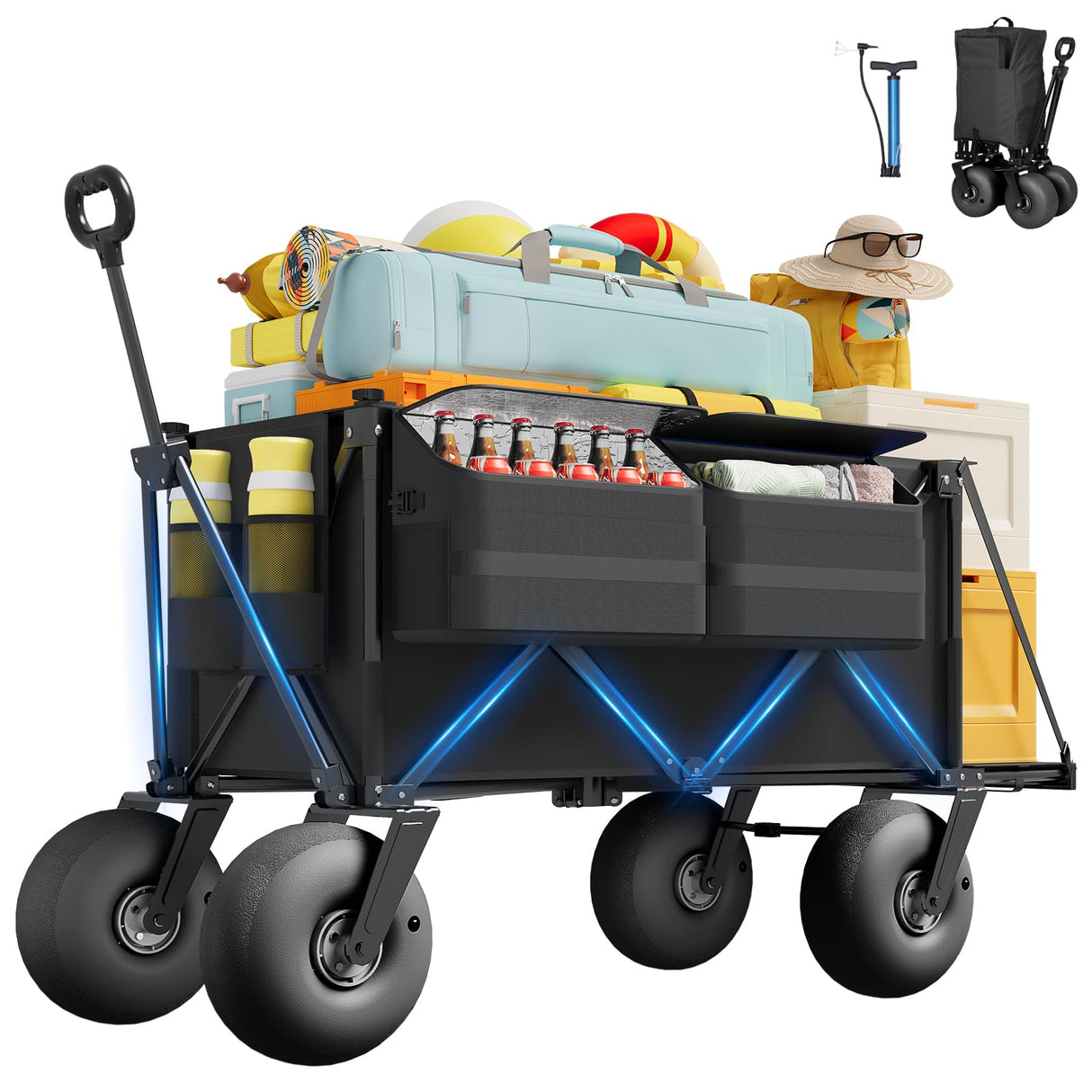 Beach Wagon with Big Wheels for Sand - 450lbs Load Heavy Duty Wagons Carts Foldable with 9" All Terrain Inflatable Tires, Collapsible Beach Cart for Grocery Shopping Garden Sports Camping Outdoor