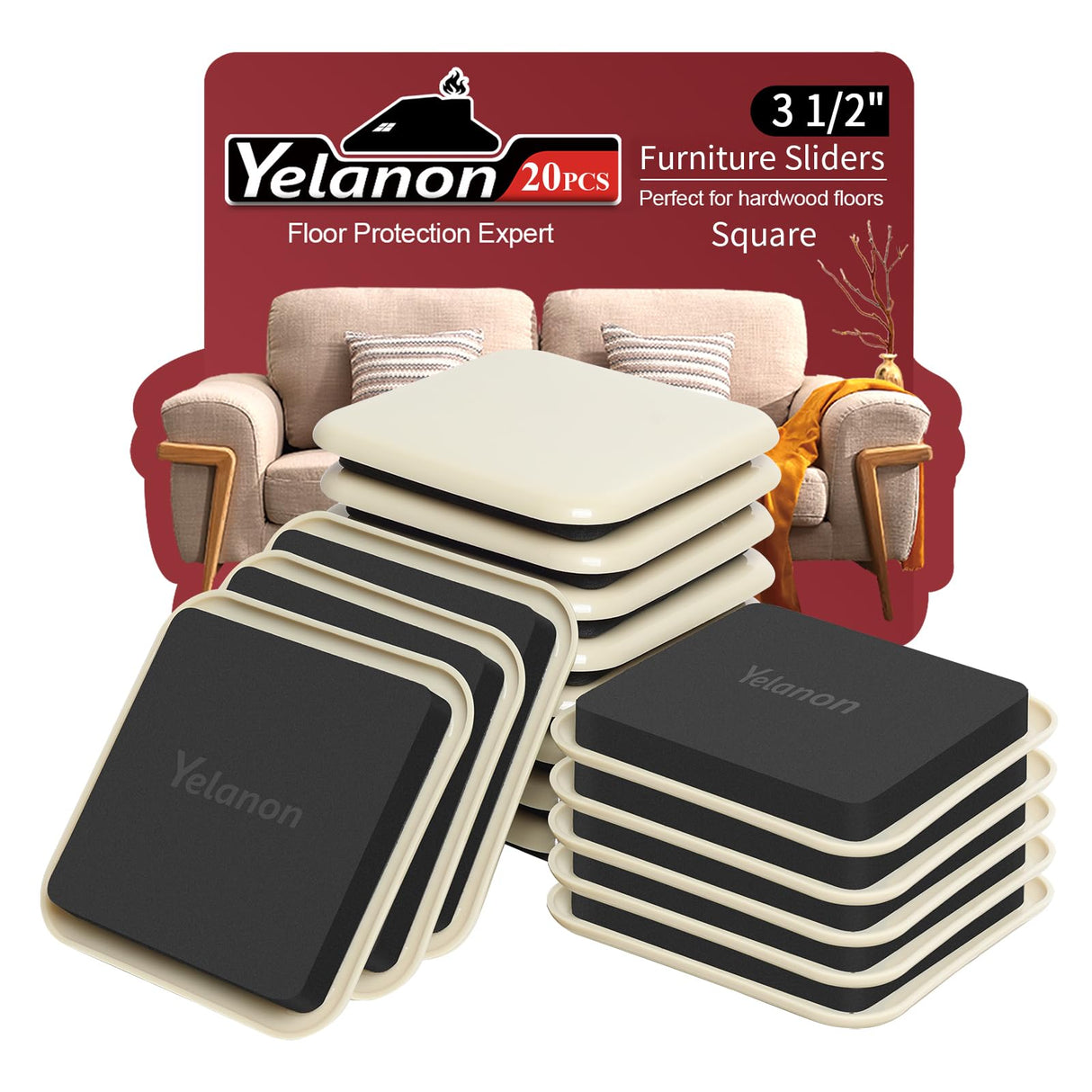 Yelanon Furniture Sliders, 20 pcs-3 1/2” Square Beige Furniture Sliders for Carpet, Furniture Pads for Hardwoods Floors,Furniture Movers Sliders, Reusable Moving Pads, Floor Protectors for Carpet