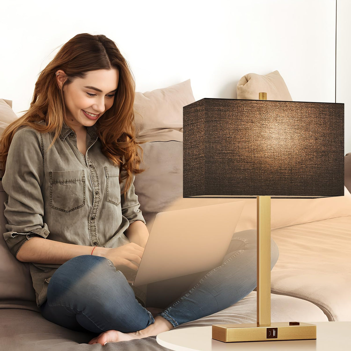 Lynnoland 21" Set of 2 Table lamp with USB A+C & AC Outlets, Touch Control 3-Way Dimmable Nightstand Lamps for Bedroom Living Room Office Reading, Gray Shade Touch Lamps, 5000K LED Bulbs Included