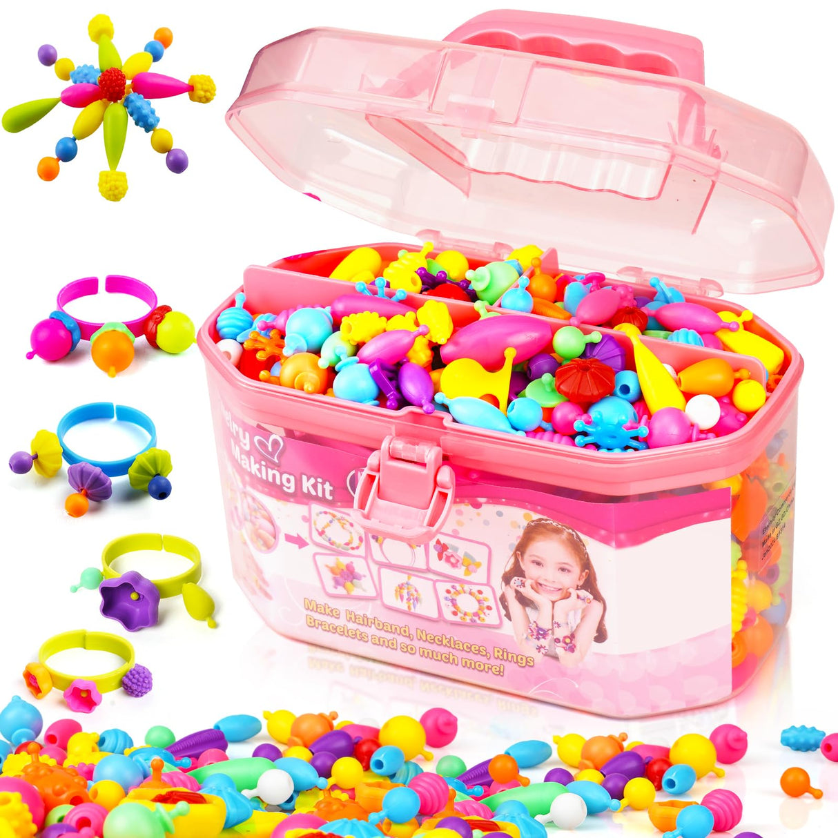 FUNZBO 650pcs Pop Beads - Jewelry Making Kit for 3 4 5 6 7 8 Year Old Little Girls, Arts and Crafts Toys for Kids, Necklace Bracelet Creativity Snap Set Top Best Christmas Birthday Gifts