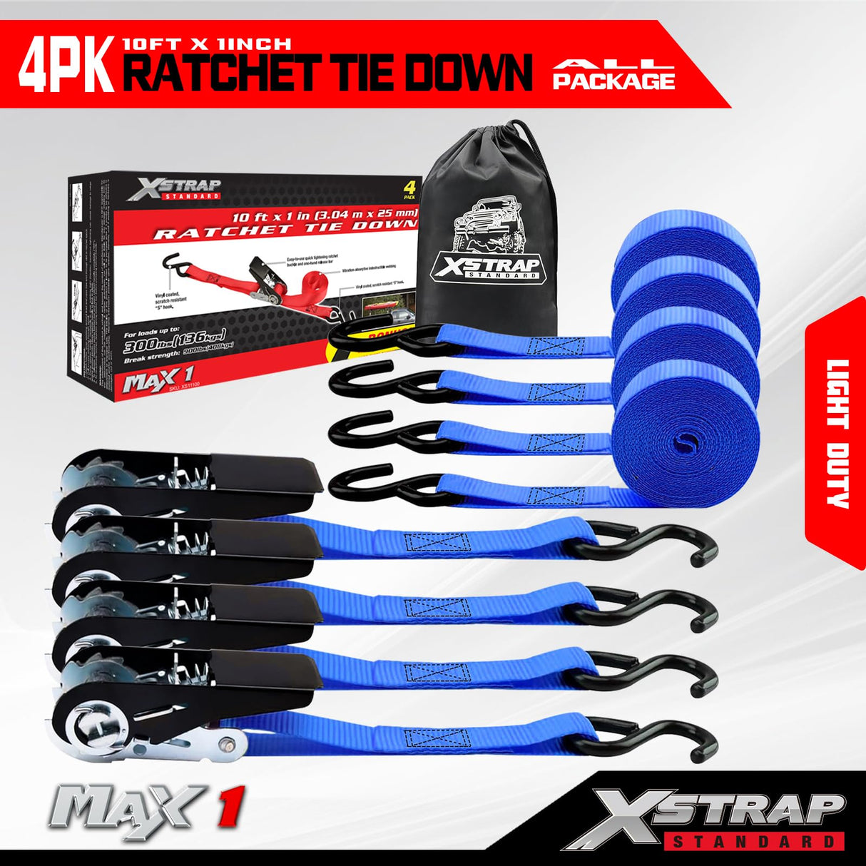 XSTRAP STANDARD Ratchet Tie Down Straps 4 Pk 10 Ft- 300 Lbs Load Cap- 900 Lbs Break Strength-Cargo Straps for UTV, ATV, Pickup,Truck, Moving Appliances, Lawn Equipment, Blue
