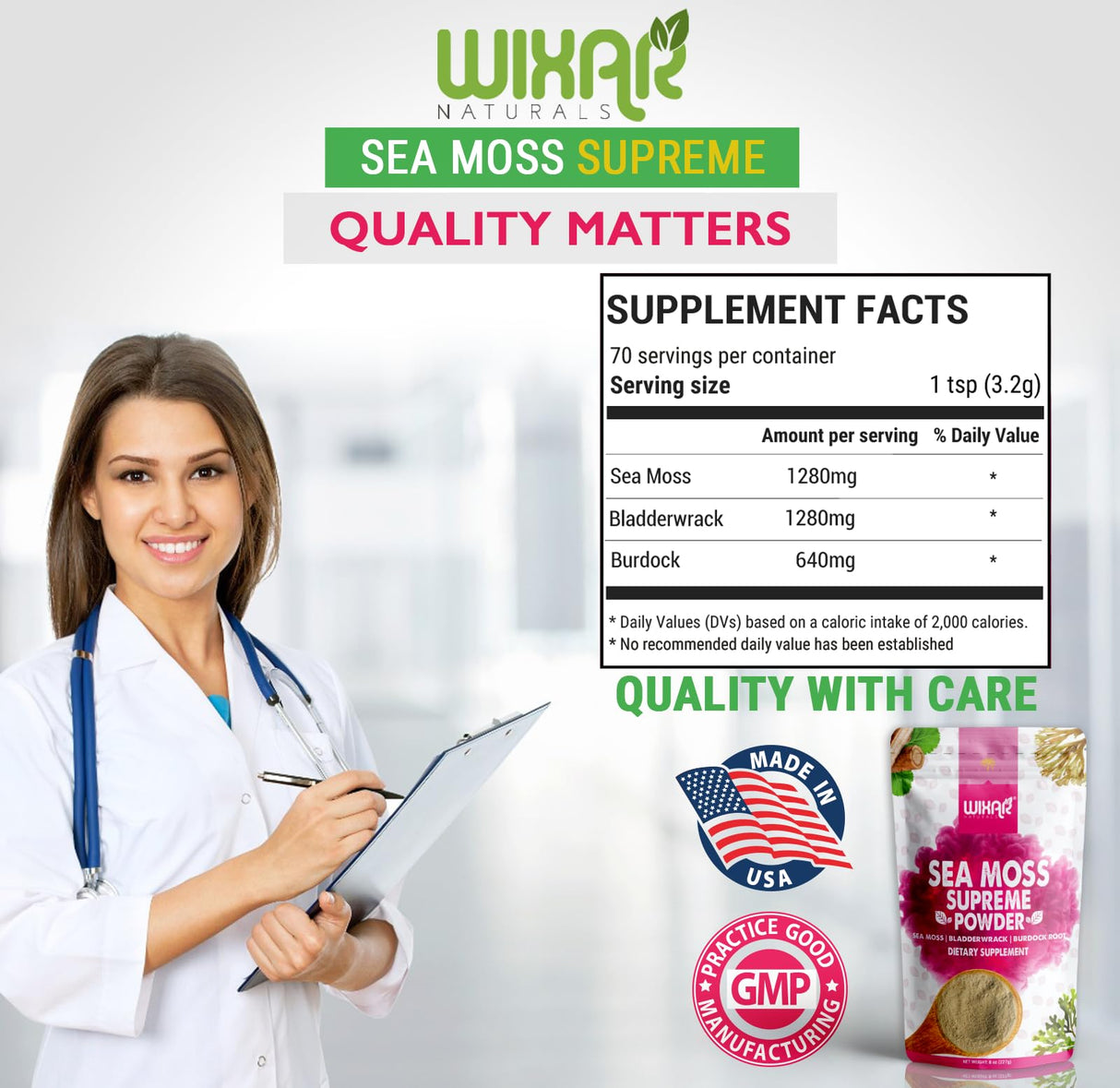 Wixar Wildcrafted Sea Moss Powder – (8 Ounces) – Natural Irish Sea Moss and Bladderwrack with Burdock Powder - Thyroid Support, Healthy Skin, Keto Detox, Joint Support Alkaline Supplements