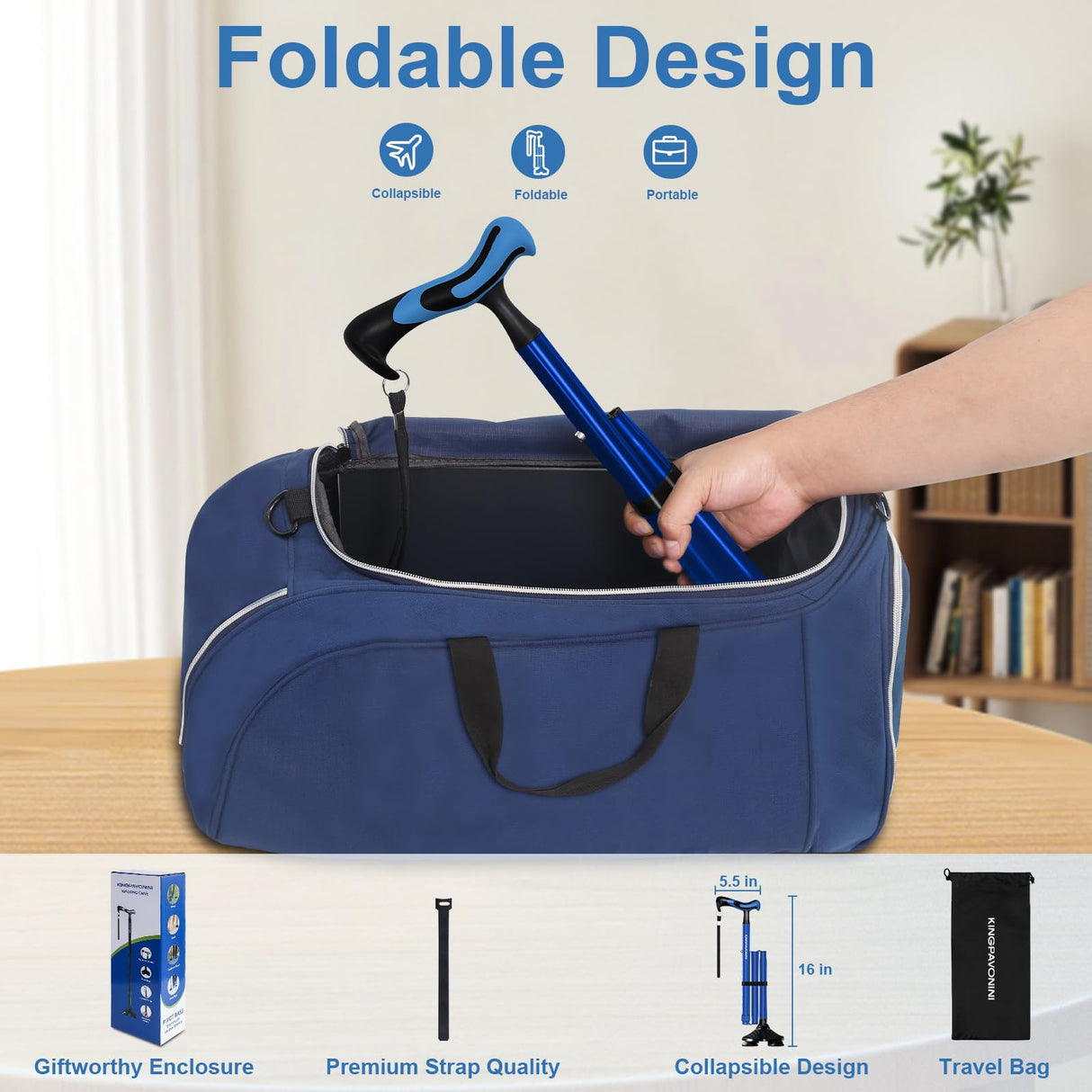 KingPavonini Walking Cane for Men Women Stability, Free Standing Foldable Cane, Ergonomic Handle Pivoting Quad Base, Heavy Duty 350 LBs, Adjustable Walking Canes for Seniors Balance with Travel Bag