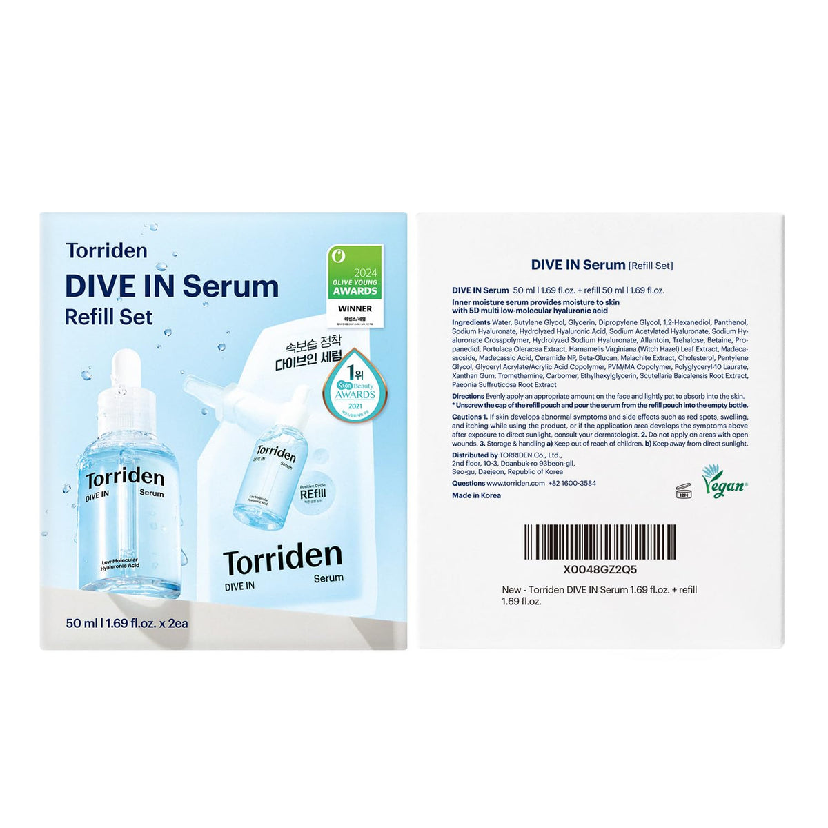 Torriden DIVE IN Serum 1.69 fl oz + refill pouch 1.69 fl oz | Deep Hydration to Get Glow Skin | Hyaluronic Acid, Panthenol, Allantoin | Korean Facial Serum