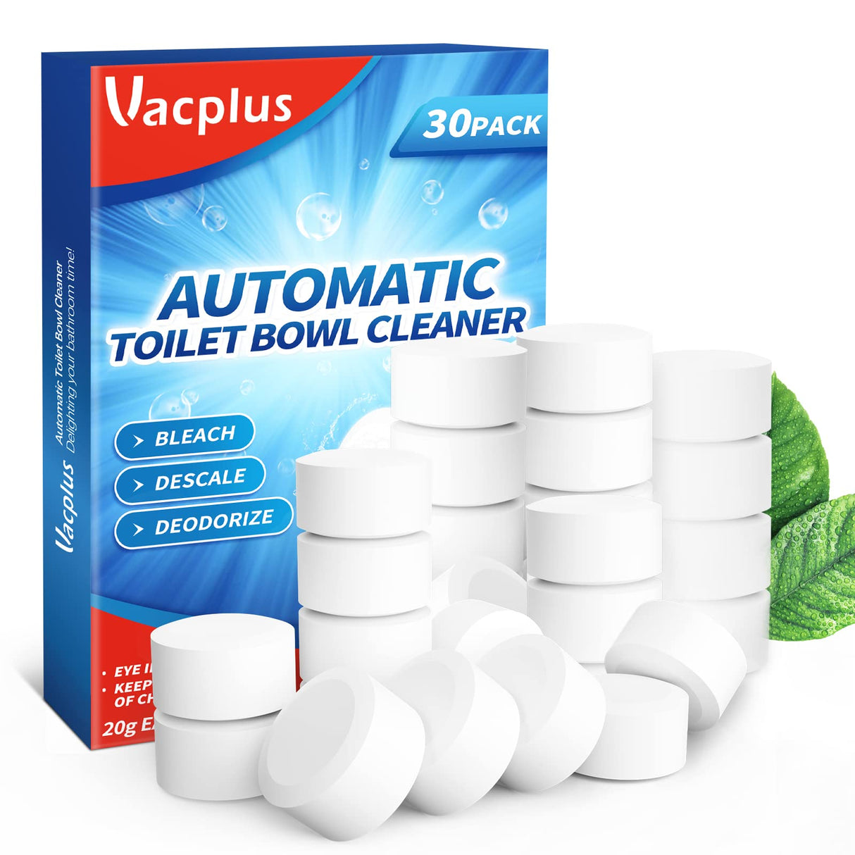 Vacplus Toilet Bowl Cleaner Tablets 30 PACK, Automatic Toilet Bowl Cleaners with Bleach for Deodorizing and Descaling, Bathroom Cleaner Against Tough Stains