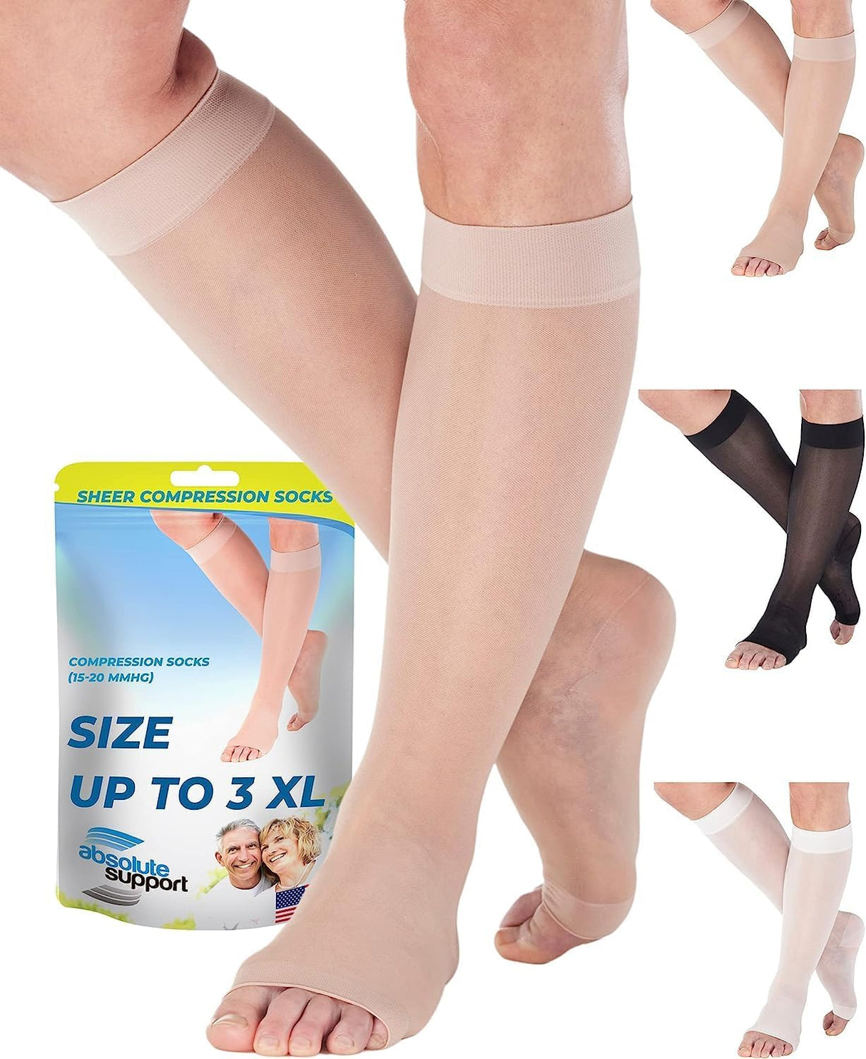 Made in USA - Wide Calves Womens Compression Stockings for Circulation 15-20mmHg - Toeless Compression Knee High Support Socks for Travel, Nursing, Sports, Athletic - Nude, 2X-Large - A111NU5