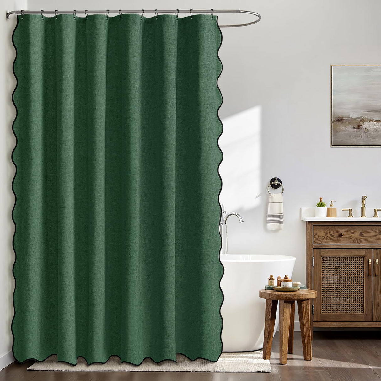 MIULEE Christmas Dark Green Scalloped Shower Curtain Linen Textured with 12 Metal Hooks Cute Heavy Duty Washable Waterproof Thick Cloth Shower Curtains with Black Border for Bathroom Hotel,W72*L72