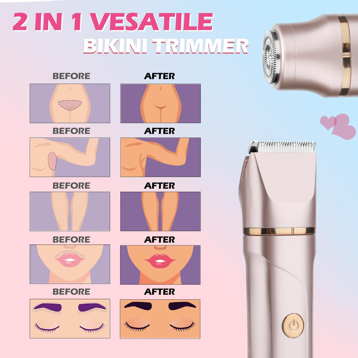 Bikini Trimmer for Women 2-in-1 – Rechargeable Electric Razors for Women, Painless Electric Shaver for Bikini, Underarm, Legs, Arms – IPX7 Waterproof, Compact Travel Design