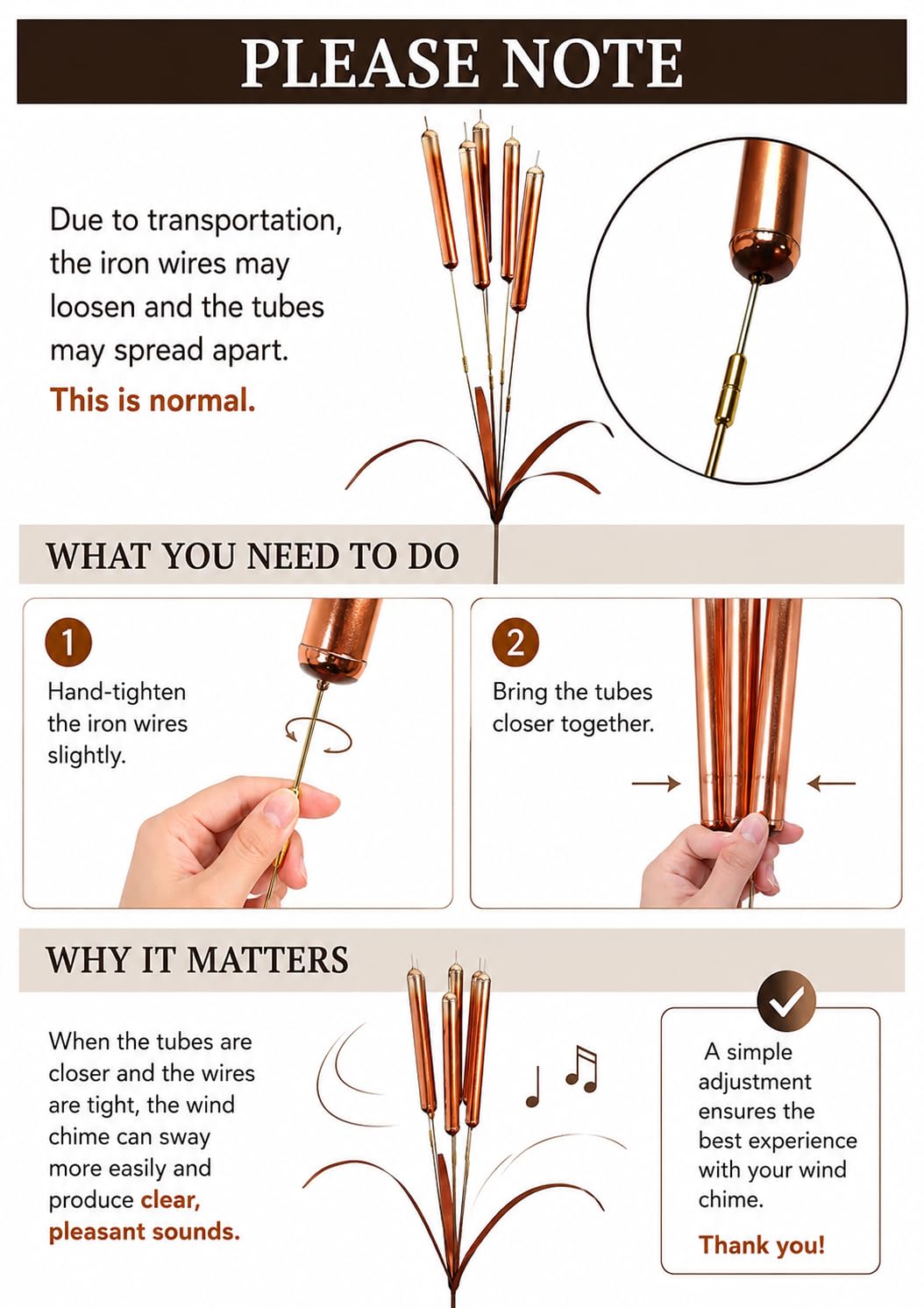 43“ Cattail Wind Chimes Stake Outdoor Decor – Plated Copper Metal Yard Cattail Plant Art Poles for Garden Patio