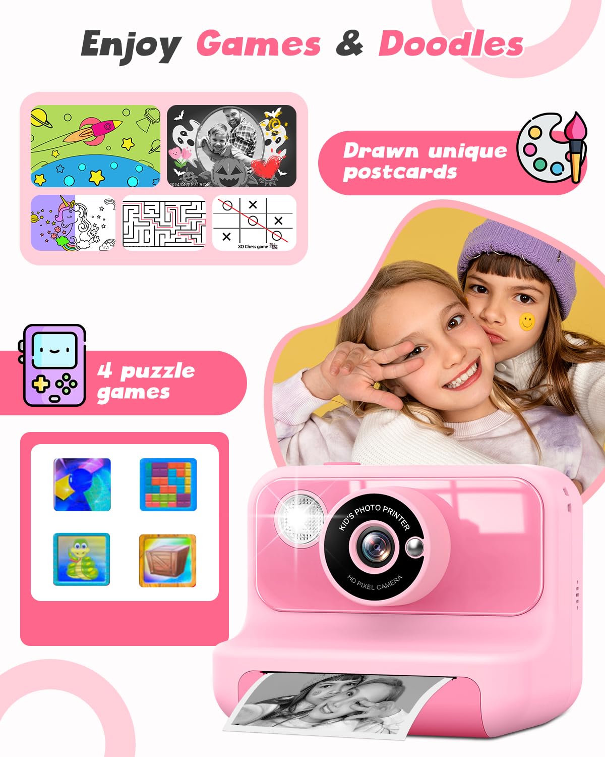LETSHAHA Instant Print Camera for Kids, 1080P Digital Video Cameras, Christmas Birthday Gifts Toys for Age 3-12, Toddler Camera for 4 5 6 7 8 9 10 Year Old Girls - Pink