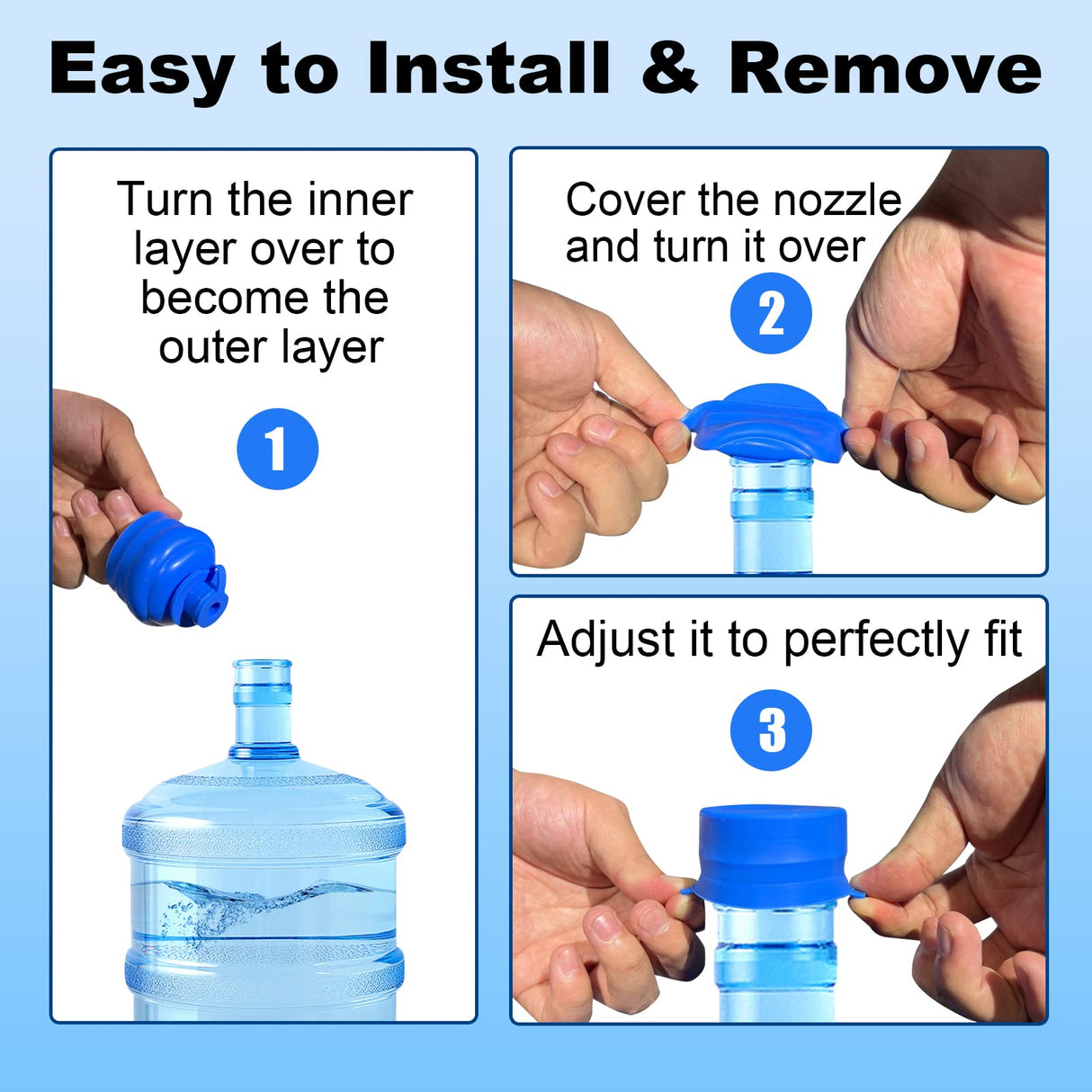 MYLOLF 3 & 5 Gallon Water Jug Cap, 3 Pack Reusable Food Grade Silicone Replacement Cap for 55mm Standard/Screw/Crown Tops Water Bottle and Water Dispensers, Non-Spill & Leak Free