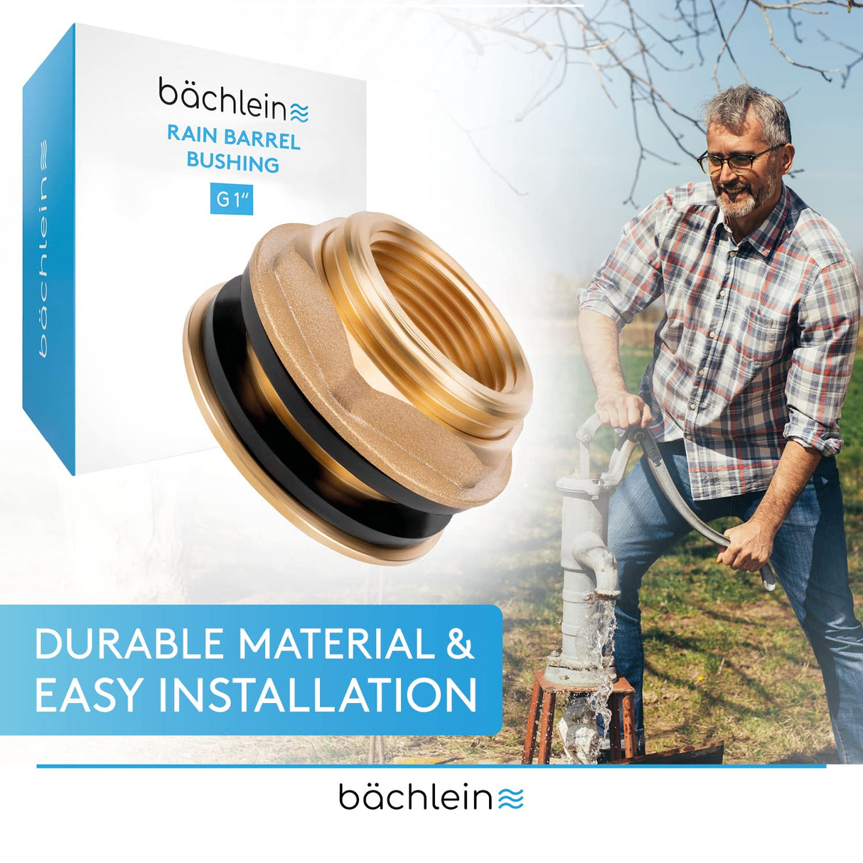 Bächlein Universal Rain Barrel Bushing - Brass Tank Bushing as Connection for Water Tap or Spigot including 2 Seals - Barrel Screw Connection with 1 Inch Internal Thread