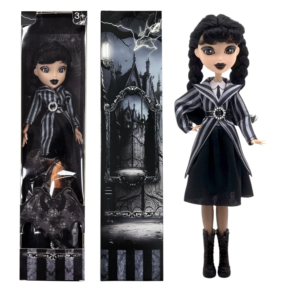 9' Addams Doll with Gift Box, High Heels, Black Dress, and Hair, Perfect Christmas and Birthdays Toy Gift for Girls & Fans(New B)