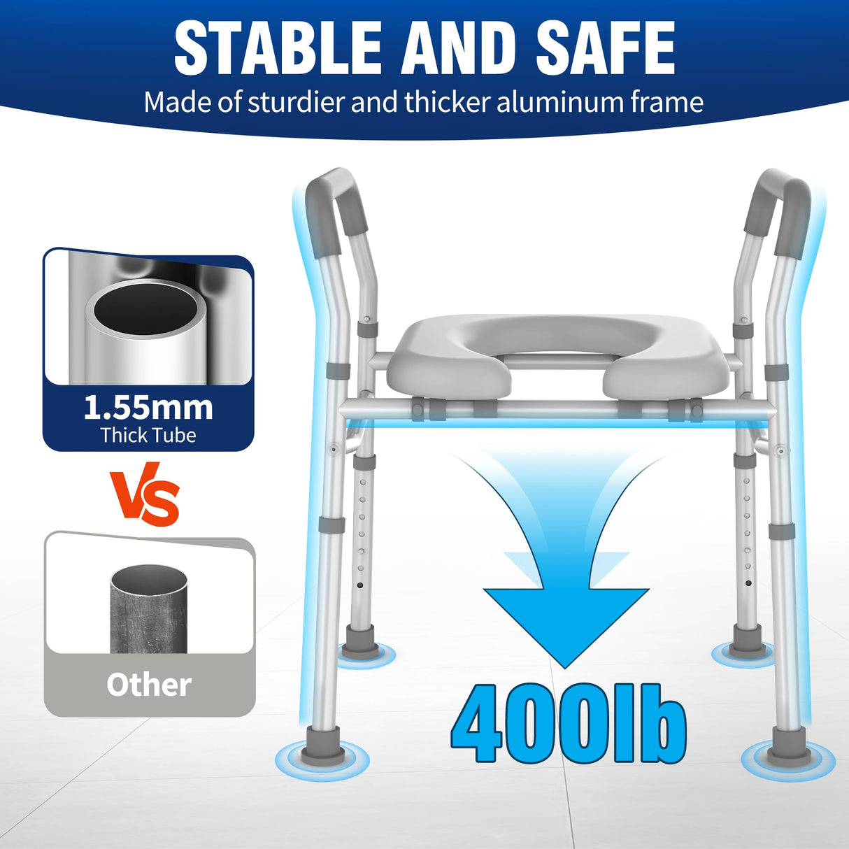 Raised Toilet Seat with Handles, Height and Width Adjustable FSA/HSA Eligible Toilet Seat Risers for Seniors 400lb Cozy Padded Raised Toilet Seat for Elderly, Handicap and Disabled Silver