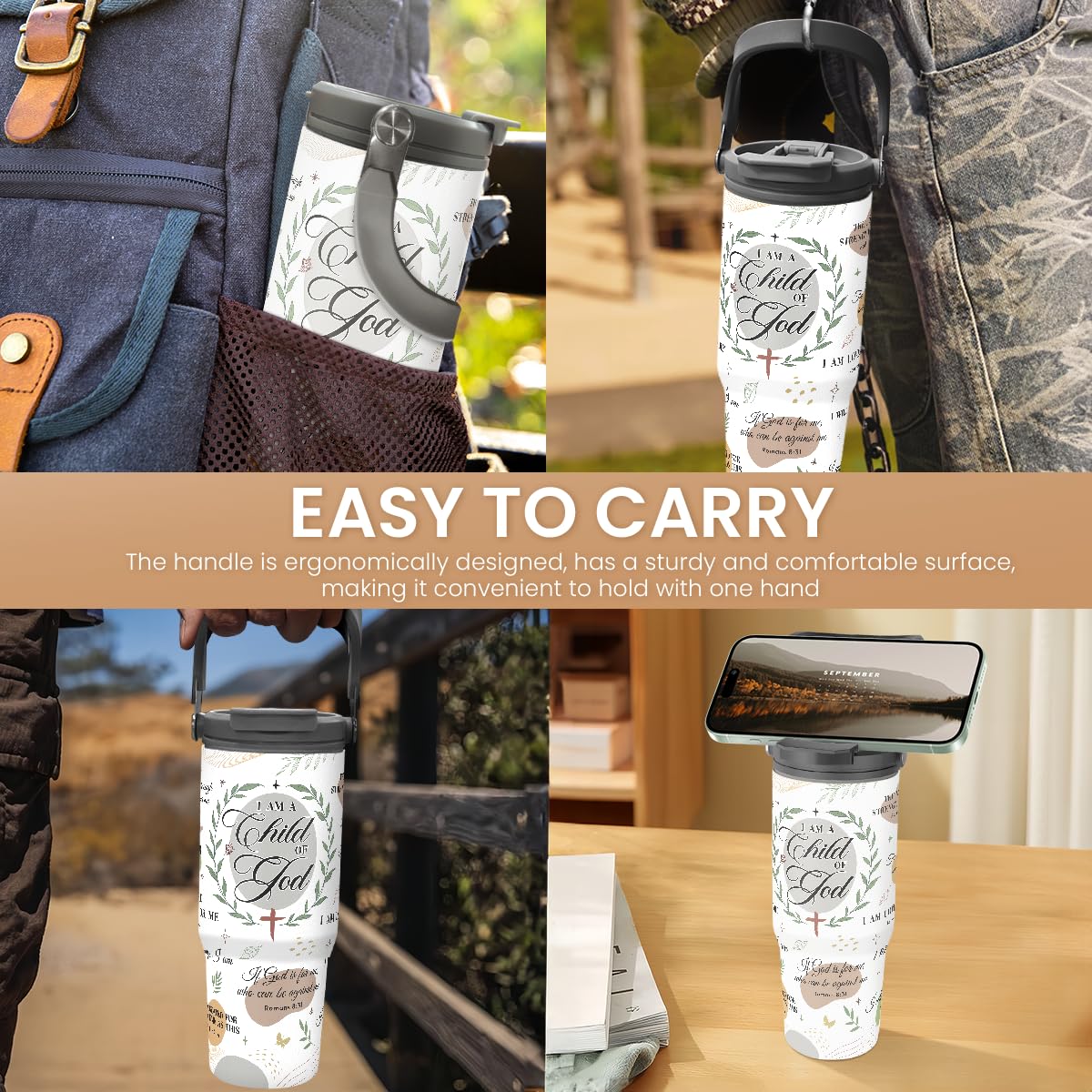 SANDJEST Christian Tumbler with Handle 30oz, Religious Gifts for Women, Inspirational Gifts for Her for Birthday Christmas Mothers Day, Stainless Steel Flip Straw Insulated Tumblers Coffee Travel Cup