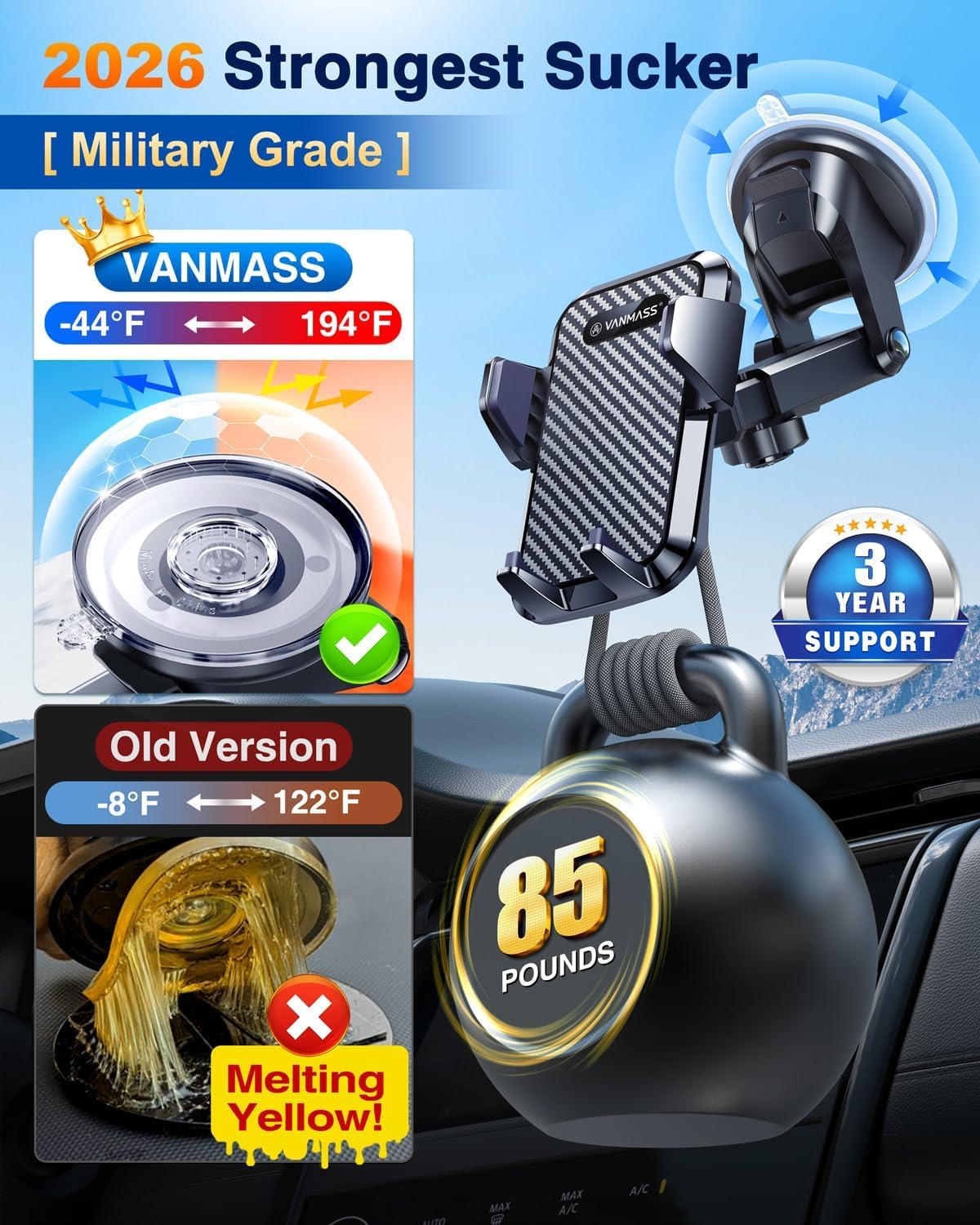 VANMASSใ85+LBS Strongest Suction & Military-Grade Ultimate Car Phone MountใPatent Safety Certsใ Cell Phone Holder for Dash Windshield Vent for iPhone 18 17 Pro Max Automobile Interior Sets, Ink Black